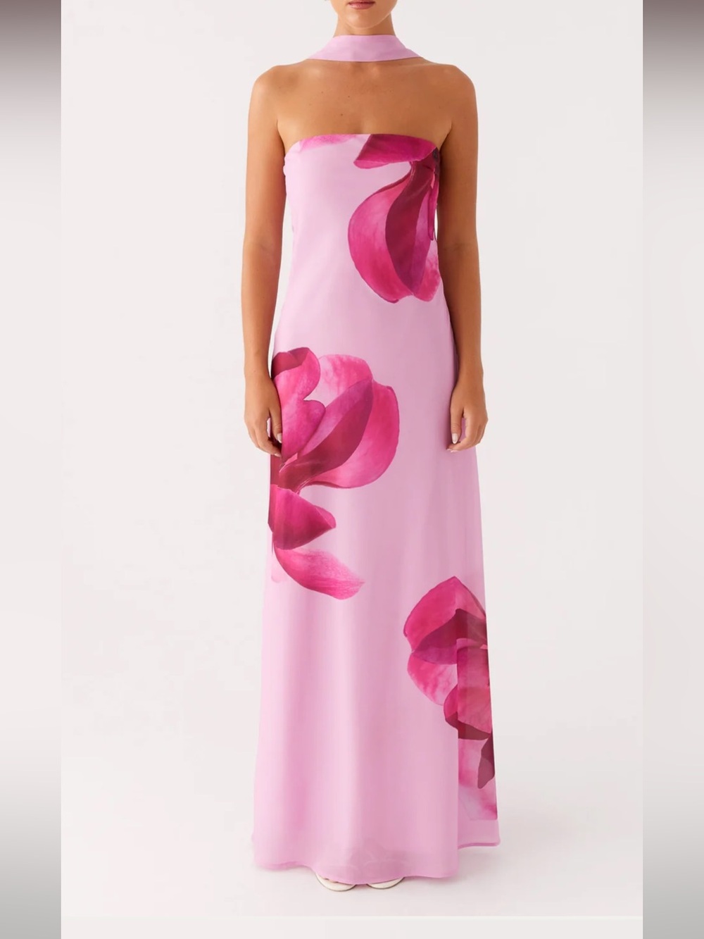 Peppermayo Pink floral strapless dress with neck piece